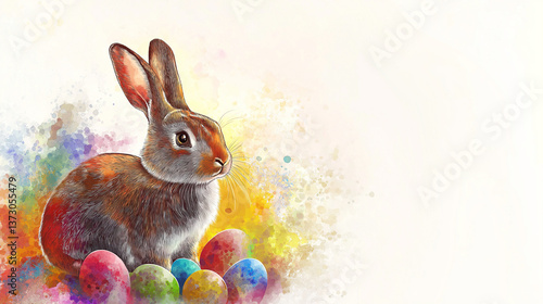 easter bunny with easter eggs on white background, copy space for text