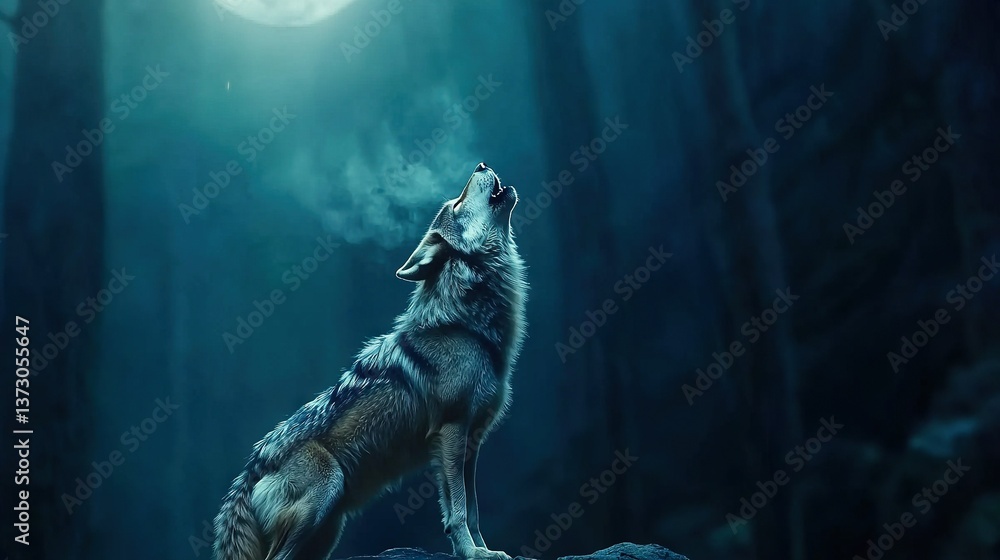 A wolf perched on a boulder amidst a woodland under the glow of a full moon A wolf perched on a boulder amidst a woodland under the glow of a full moon