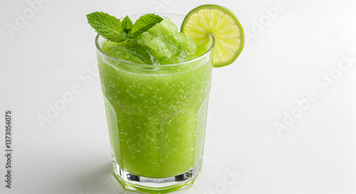 Refreshing limeade slush with mint and lime garnish on plain background