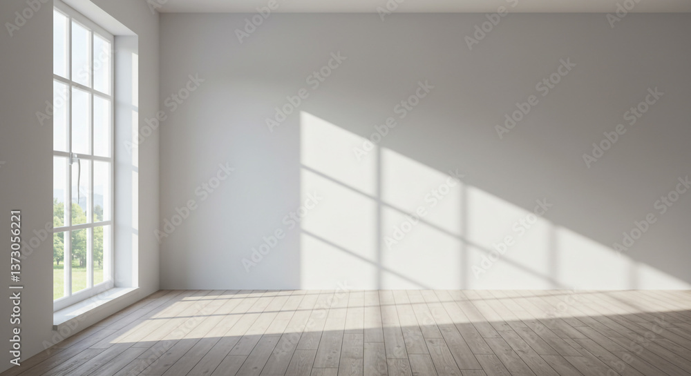 Sunlight streams into an empty room, painting the pale walls and light wood floor with shadows, creating a serene and peaceful atmosphere. Sunlight streams into an empty room, painting the pale walls and light wood floor with shadows, creating a serene and peaceful atmosphere.