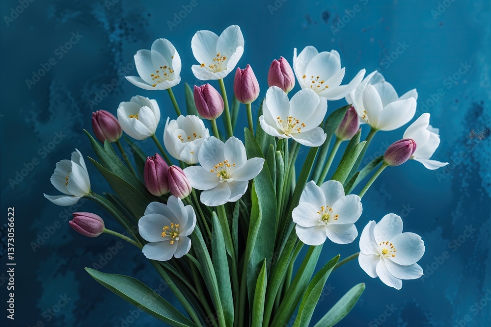 Delicate Spring Petals in a Fresh Bouquet Against a Deep Cyan Backdrop