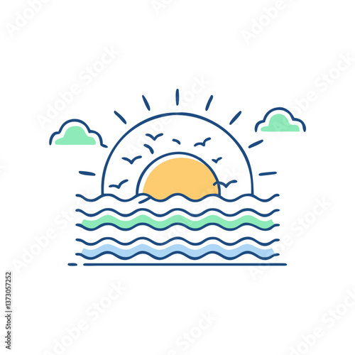 Sunset over sea icon for vacation mood
