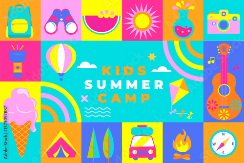 Kids Summer camp bright geometric flyer in square tile style, concept with symbols of camping - tent, backpack, compas, guitar, campfire, lots of fun and activity programs. Vector illustration.