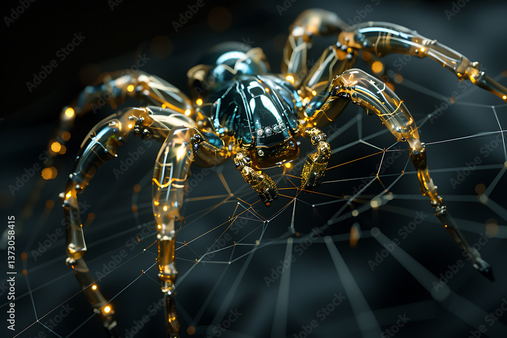 luxury tech aesthetics, a macro shot of a golden robotic spider weaving a web in a dark setting its smooth and mirrored body resembles gold chrome luxury tech aesthetics, a macro shot of a golden robotic spider weaving a web in a dark setting its smooth and mirrored body resembles gold chrome