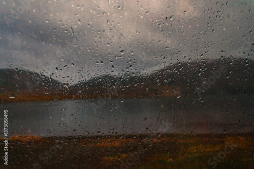 Window with raindrops in front of a moody, outdoors landscape