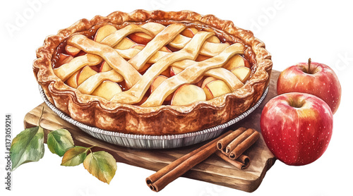 A charlotte pie with cinnamon and apple, illustrated in a watercolor style on a transparent background. A warm and delicious baked dessert.