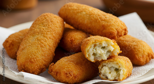Delicious pile of golden crispy Puerto Rican bacalaitos on a white plate