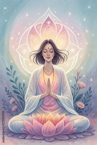 Woman Meditating in Lotus Position with Divine Light Aura for yoga websites, spiritual blogs, mindfulness apps and wellness coaching materials