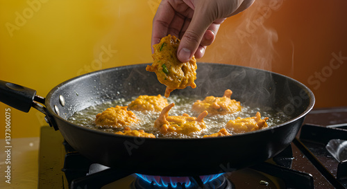 Pakoras sizzle in a pan of hot oil ready for serving, a culinary delight