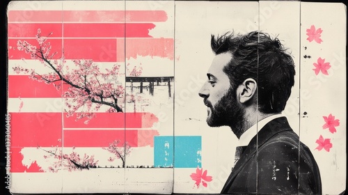 Profile of a man overlaid with japanese imagery and flowers