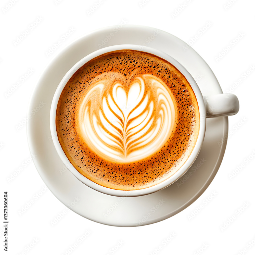 Latte art in a white cup on saucer overhead shot Latte art in a white cup on saucer overhead shot