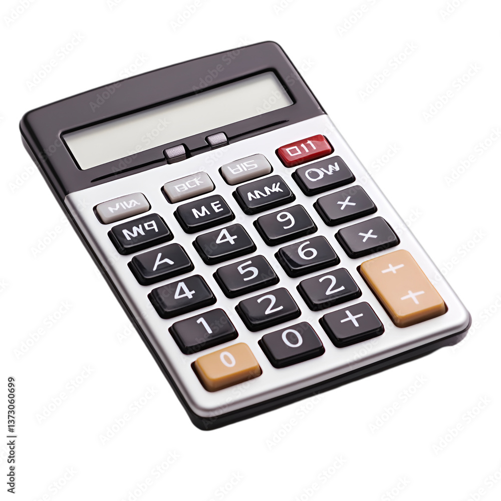 A black and silver calculator isolated on black background showing numbers and functions, A black and silver calculator isolated on black background showing numbers and functions,