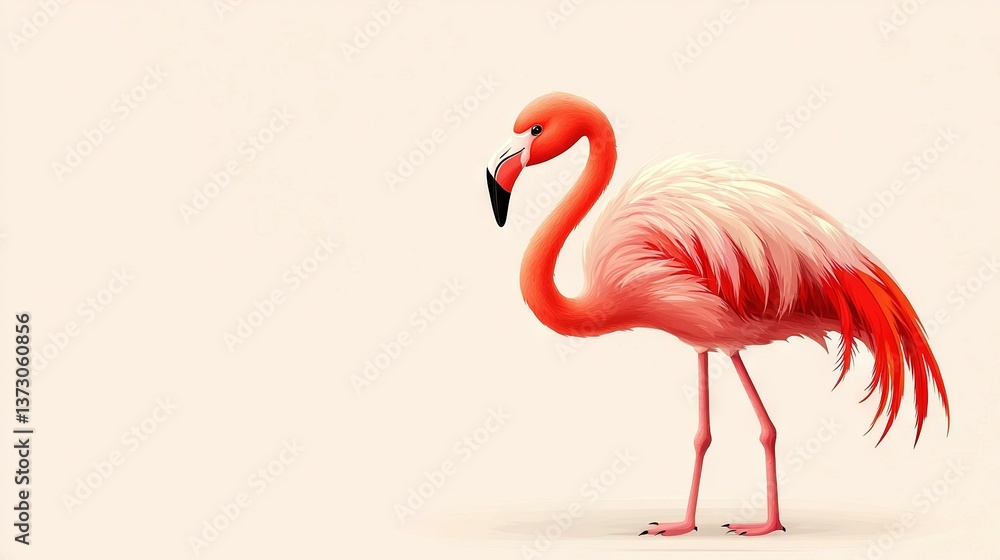 Fototapeta premium A pink flamingo with a long neck and legs stands against a white background, surrounded by a pink background