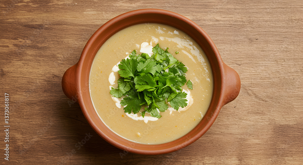 Aromatic Creamy soup adorned with vibrant cilantro on wooden surface Aromatic Creamy soup adorned with vibrant cilantro on wooden surface