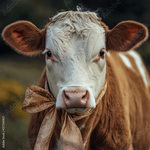 Wallpaper Mural A beautiful brown and white cow with a patterned ribbon tied around its neck, showcasing its cute expression in a close-up portrait. Torontodigital.ca