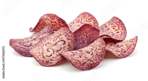 Close-up of vibrant purple taro chips featuring intricate swirl patterns on a white background