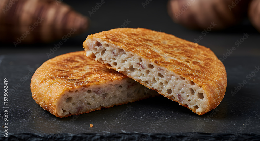 Delightful crispy taro root cake halves displayed on a dark surface, a culinary delight Delightful crispy taro root cake halves displayed on a dark surface, a culinary delight