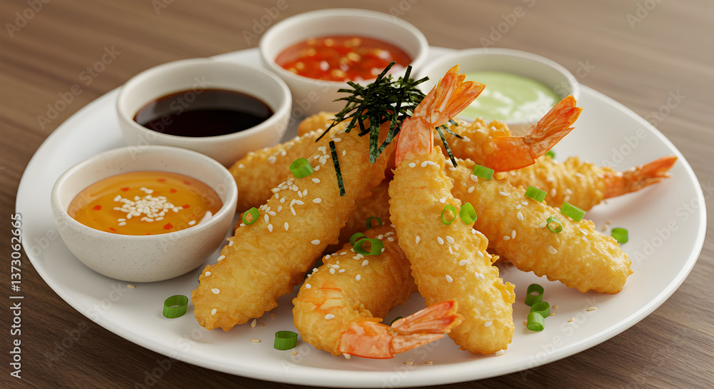 Golden crispy tempura shrimp served with various dipping sauces on white plate Golden crispy tempura shrimp served with various dipping sauces on white plate