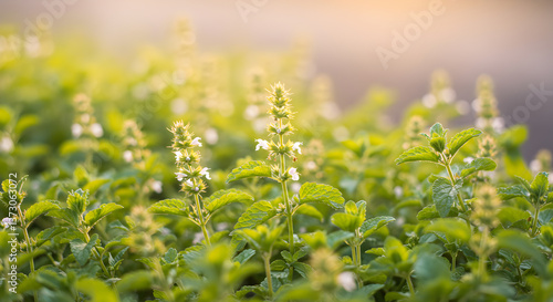 Serene field of blooming lemon balm with sunlight filtering through the leaves