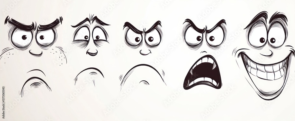 Detailed illustrations showcasing several varied expressive cartoon facial emotions