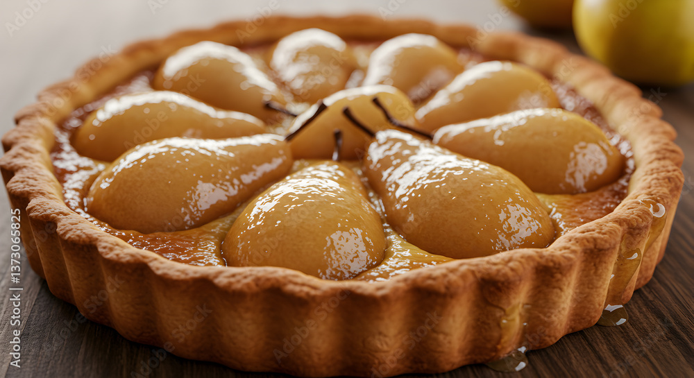 Delicious caramelized pear tart with a buttery crust showcased on dark wood Delicious caramelized pear tart with a buttery crust showcased on dark wood