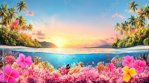 A beautiful coral reef scene under tropical water during sunset time