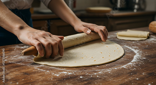 Crafting lavash: Hands shaping dough with a rolling pin for a delicious creation