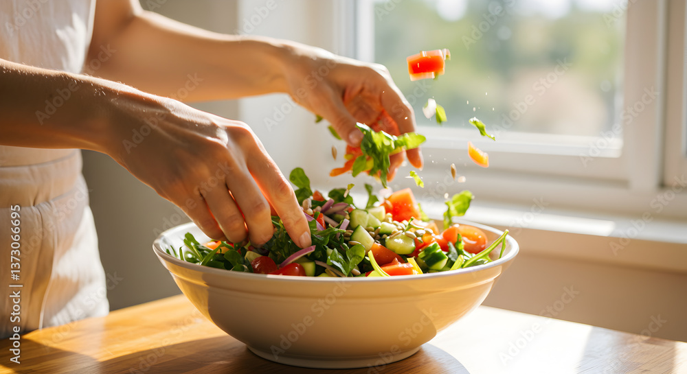 Woman's hands mixing a vibrant, fresh and colorful summer salad ingredients Woman's hands mixing a vibrant, fresh and colorful summer salad ingredients