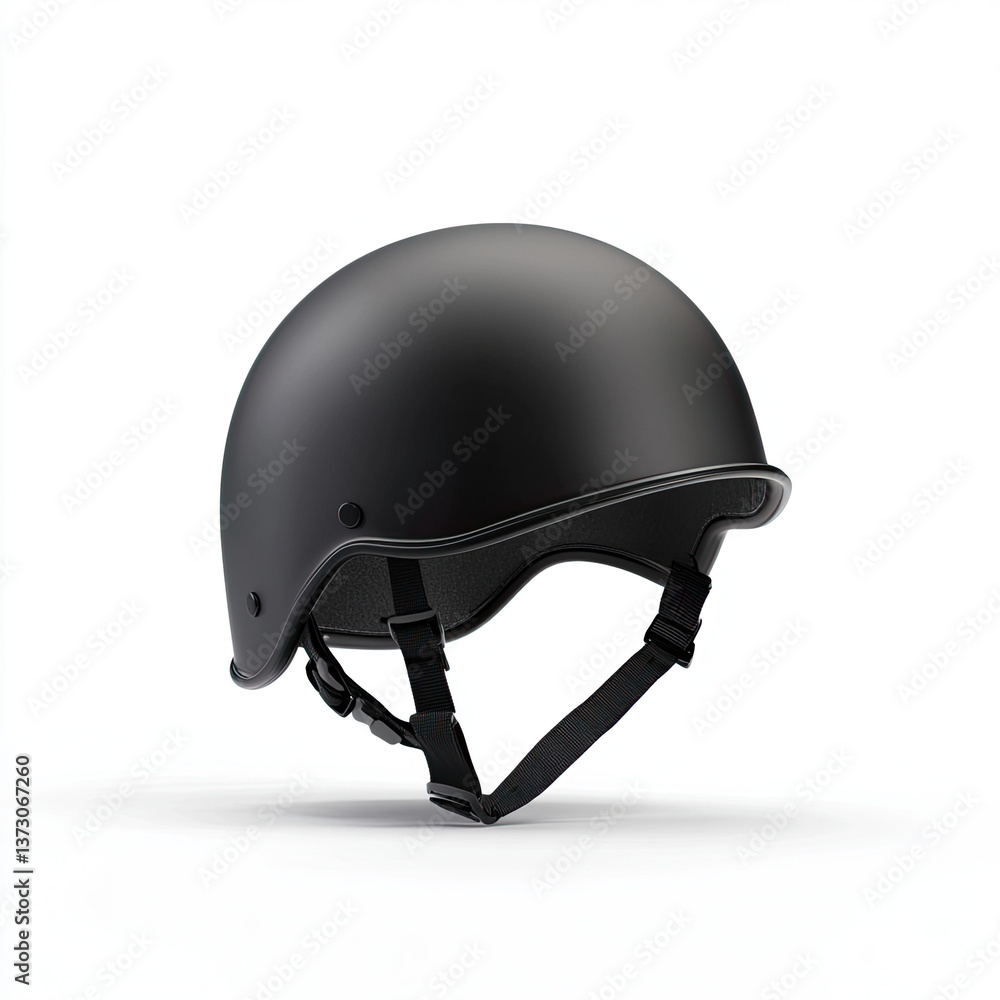 Naklejka premium A sleek, matte black helmet, a symbol of urban riding adventure and stylish protection, shown against a stark white background.