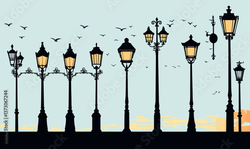 Vintage Streetlight Silhouettes Set in Minimalist Flat Vector Design