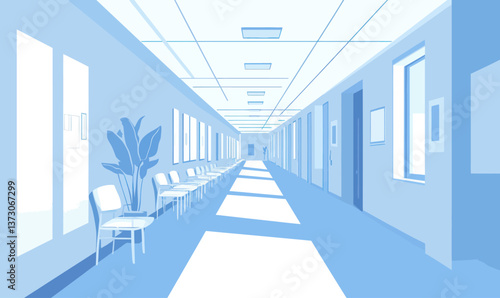 Minimalist Hospital Corridor Vector with Patient Rooms in Clinical Blue Tones