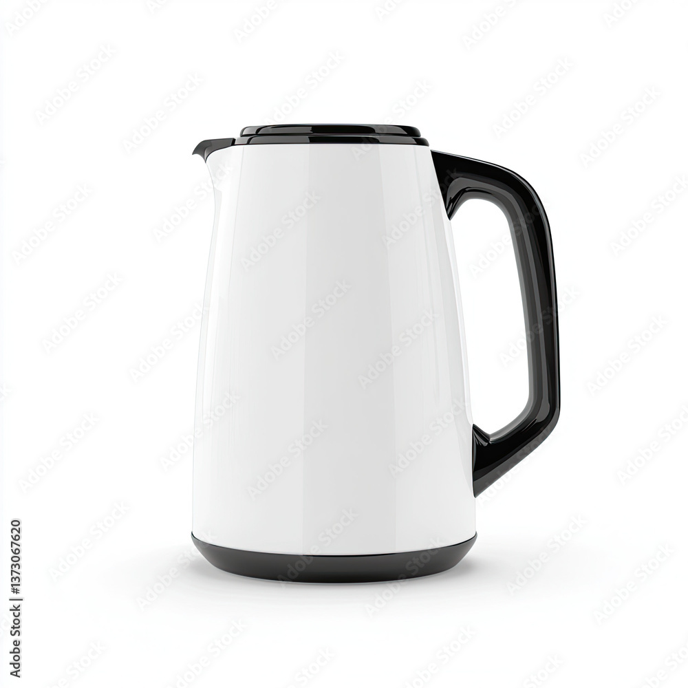 A sleek white electric kettle with a modern black handle, perfect for a quick and stylish morning brew against a clean white background. A sleek white electric kettle with a modern black handle, perfect for a quick and stylish morning brew against a clean white background.