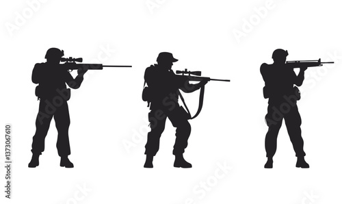 Army Sniper Soldiers in Action Silhouette | Military Vector Illustration