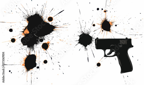 Gun Pistol Silhouette with Bullet Holes and Splatter for Target Shooting Graphics