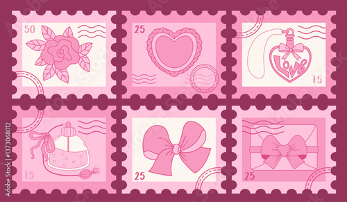 Romantic Pink Postage Stamps set. Vintage Coquette Heart, Ribbon Bow, Love Letter, Perfume, Flower Rose and Magic Elixir. Girly Vibe. Vector illustration. Aesthetic Design for love theme Valentine Day