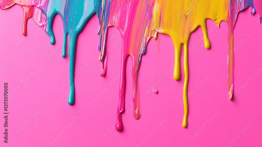 Naklejka premium Vibrant pink and yellow paint dripping and creating a flowing textured backdrop
