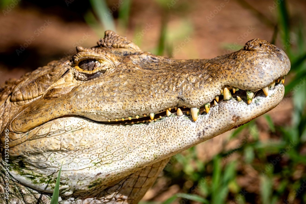 Obraz premium Typical Brazilian alligator from the Pantanal out of the water warming itself in the sun in close-up