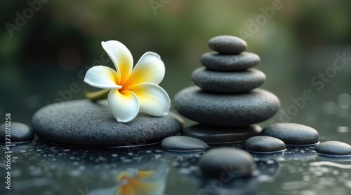 Tranquil stones and flower arrangement on calm water  