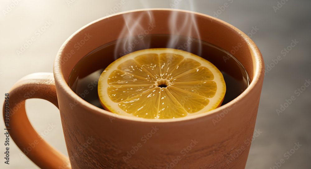 Invigorating hot ginger tea with fresh lemon slice served in a rustic mug Invigorating hot ginger tea with fresh lemon slice served in a rustic mug