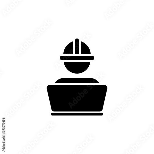 Construction worker wearing a hard hat and working on a laptop. Represents construction, engineering, development, and related professions. Clean, modern, and suitable for various design applications