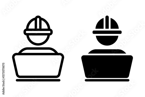 Construction worker wearing a hard hat and working on a laptop. Represents construction, engineering, development, and related professions. Clean, modern, and suitable for various design applications