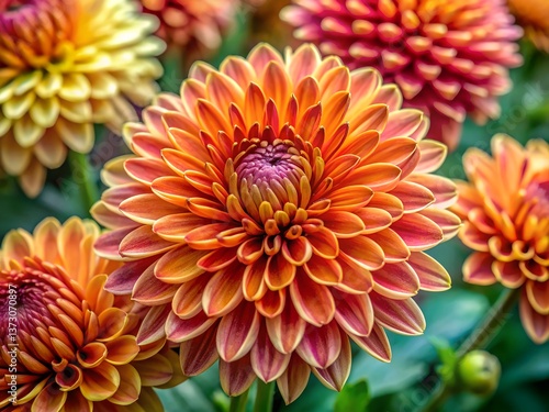 Close-up of vibrant pink and orange chrysanthemum flowers blooming in a garden with a blurred natural background
