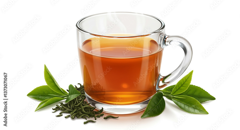 A steaming cup of rich, amber tea, inviting warmth and tranquility, nestled amongst fresh, vibrant green tea leaves on a bright white background. A steaming cup of rich, amber tea, inviting warmth and tranquility, nestled amongst fresh, vibrant green tea leaves on a bright white background.