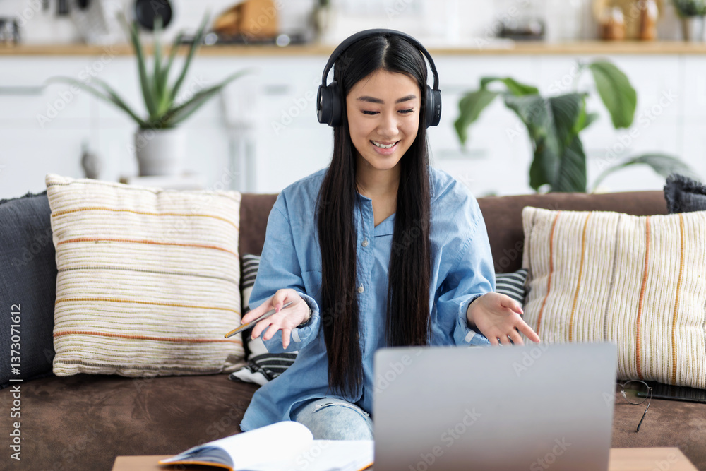 Asian woman working or studying online home