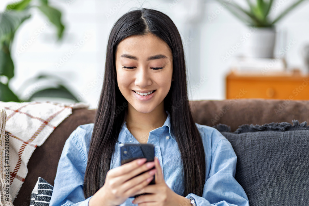 Smiling woman texting on smartphone indoors