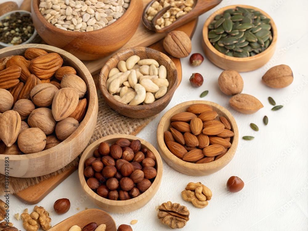 Diverse collection of nuts and seeds in wooden bowls including cashews, almonds, pumpkin seeds, and sunflower seeds Diverse collection of nuts and seeds in wooden bowls including cashews, almonds, pumpkin seeds, and sunflower seeds