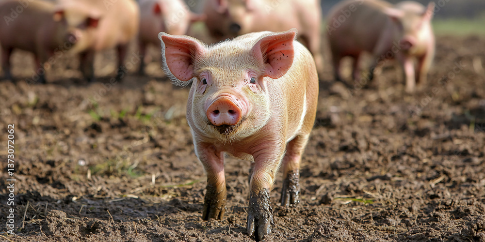 Close-up of pink piglet standing in mud, other pigs blurred in background, showcasing farm animal life, representing rurality and agriculture Close-up of pink piglet standing in mud, other pigs blurred in background, showcasing farm animal life, representing rurality and agriculture