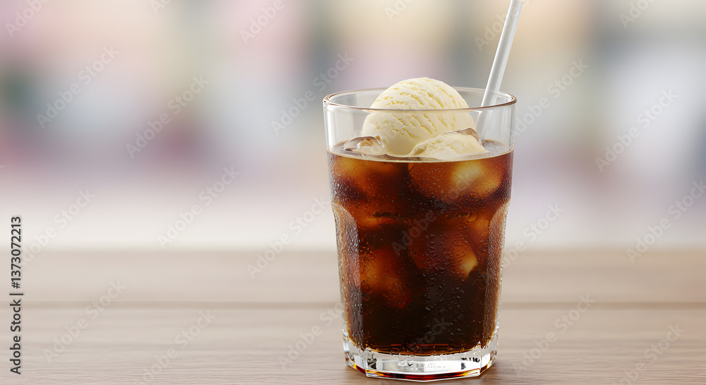 Iced Coffee Float with Vanilla Ice Cream on a Wooden Tabletop Surface Iced Coffee Float with Vanilla Ice Cream on a Wooden Tabletop Surface