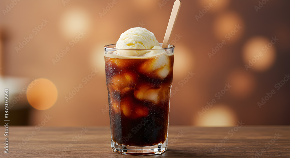 Delightful iced coffee float with a scoop of creamy vanilla ice cream on a wood table Delightful iced coffee float with a scoop of creamy vanilla ice cream on a wood table