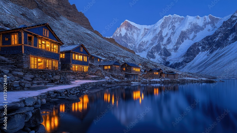 Fototapeta premium Mountain huts by tranquil lake at dawn, snow-capped peaks in background